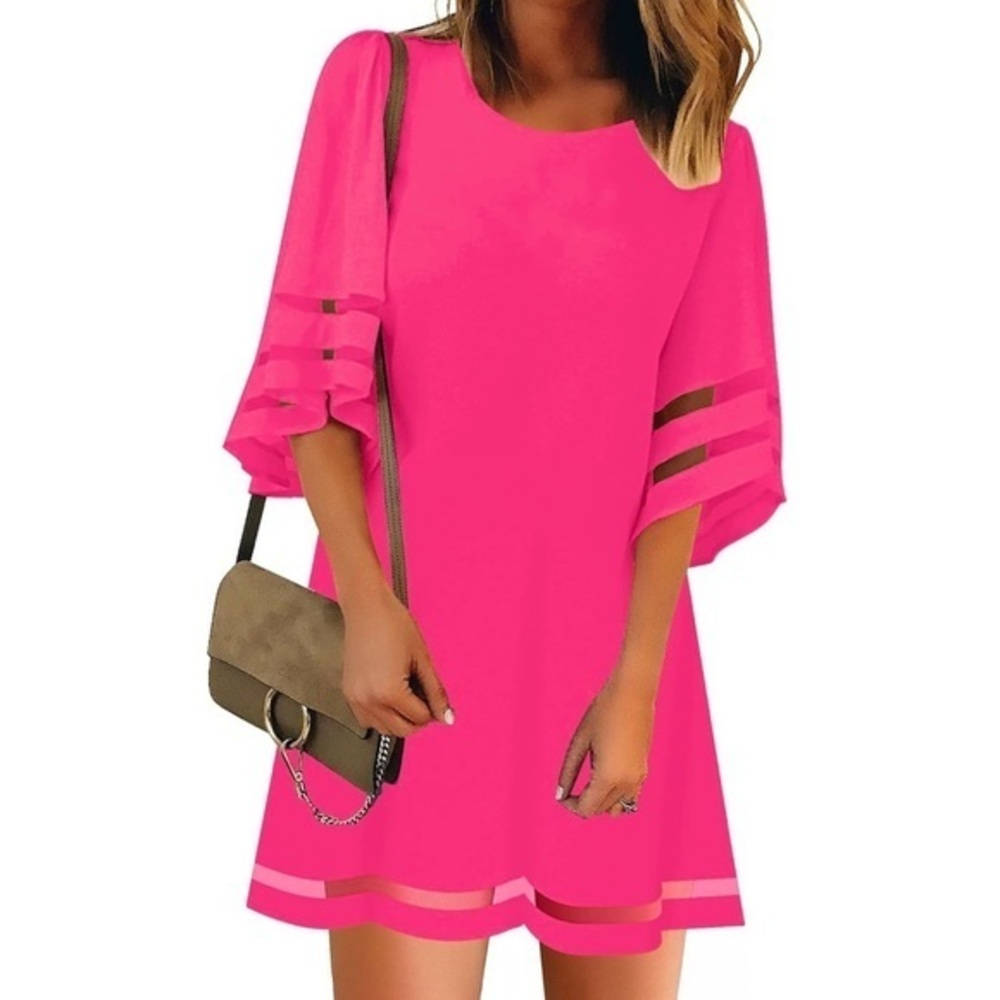 Mesh Panel 3/4 Bell Sleeve Tunic Dress!